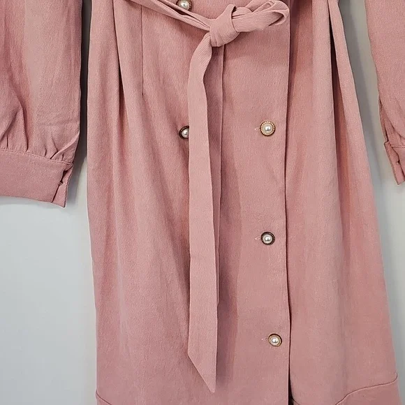 Elegant Salmon Pink Corduroy Double Breast Puff Sleeved Mermaid‎ Hem Dress - Picture 4 of 14